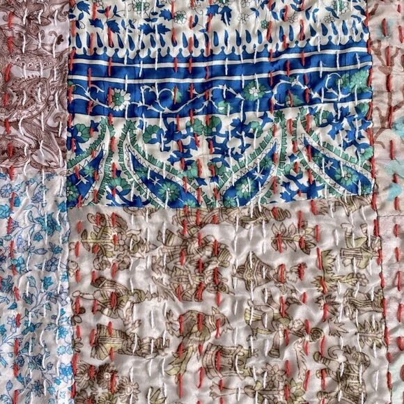 Kantha Silk Blend Throw Blanket Patchwork Quilt Multicolor  66” x 86” - Picture 8 of 12